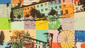 Bunte Collage mit verschiedenen Gebäuden und Mustern, darunter eine Darstellung von Fahrrädern und Bäumen. Die Farben sind lebhaft und variieren von Blau und Orange bis zu Grün und Gelb.