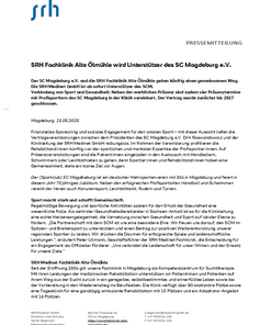 Pressemitteilung über die Partnerschaft zwischen der SRH Fachklinik Alte Ölmühle und dem SC Magdeburg e.V. zur Unterstützung des Sports.